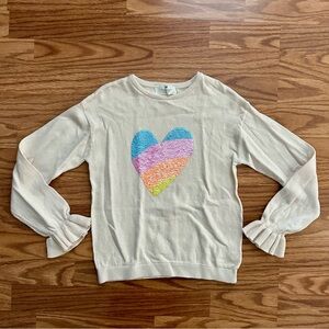 H&M Girls 8/10 Sequins Rainbow Heart Pullover Sweater Cream Ruffle Sleeves NWOT!